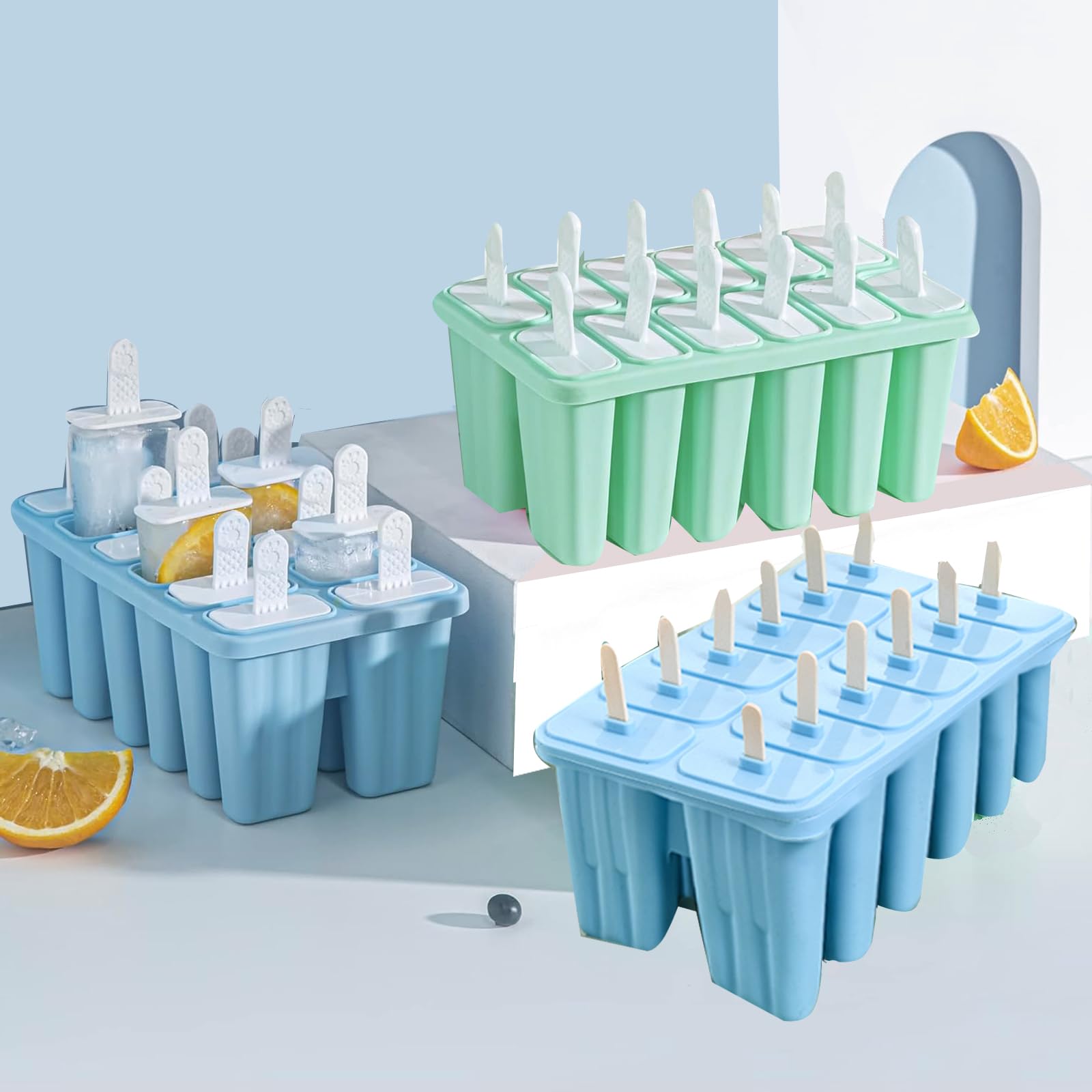 Moldes de silicona para paletas con palitos Wpunwen de 12 cavidades, moldes de helado con cepillo de limpieza, 12 palos reutilizables, 50 palitos, 50 bolsas, color verde
