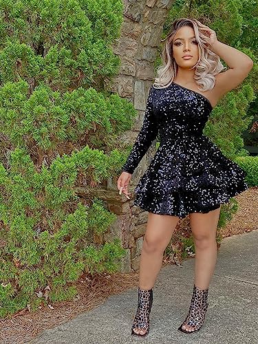 Women's One Shoulder Sequin Homecoming Dresses for Teens Puffy Layered Long Sleeve Short Cocktial Gown2