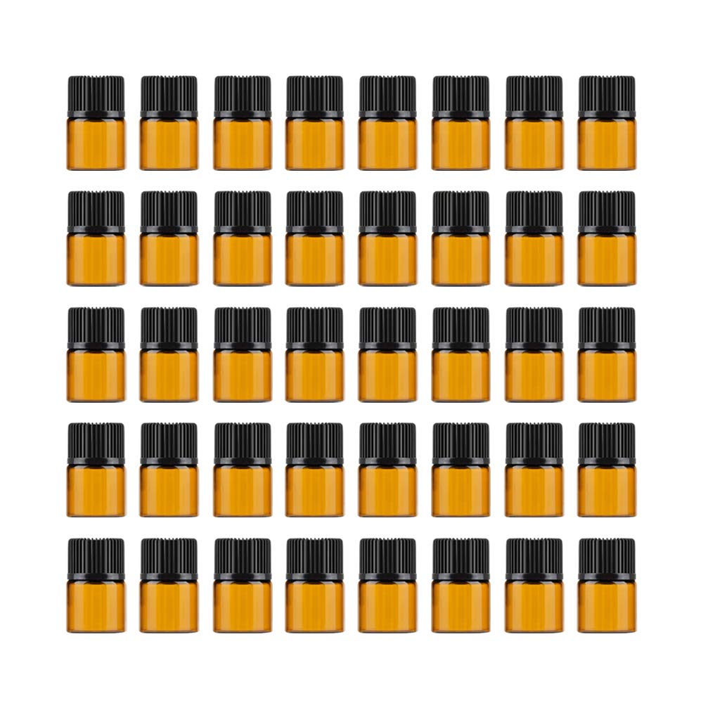 Enslz Brown Mini Essential Oil Bottles Empty Sample Bottle 1Ml(1/4 Dram) 2Ml (5/8 Dram) Amber Glass Bottle With Orifice Reducer And Cap, With 2 Free Transfer Eye Droppers 50 Pcs (, 1Ml)