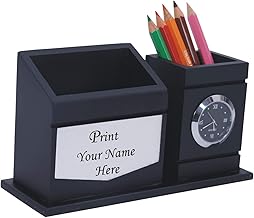 SHIVOM CRAFTS Black Wooden Desk Organizer with Clock, Pen Stand, Mobile Phone Holder for Home and Office - Customized, Personalized Gift, Get Name Printed