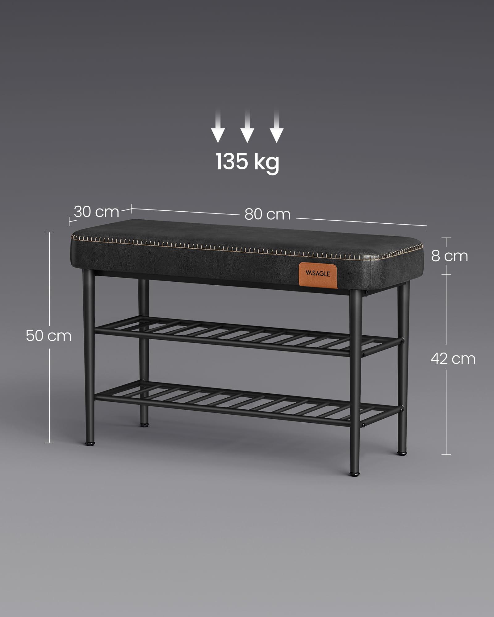 VASAGLE EKHO Collection - Schoenenbank, opbergbank, ingangsmeubel, PU met naden, moderne half-eeuwse stijl, 30 x 80 x 50 cm, belasting 135 kg, inktzwart LSB054B01