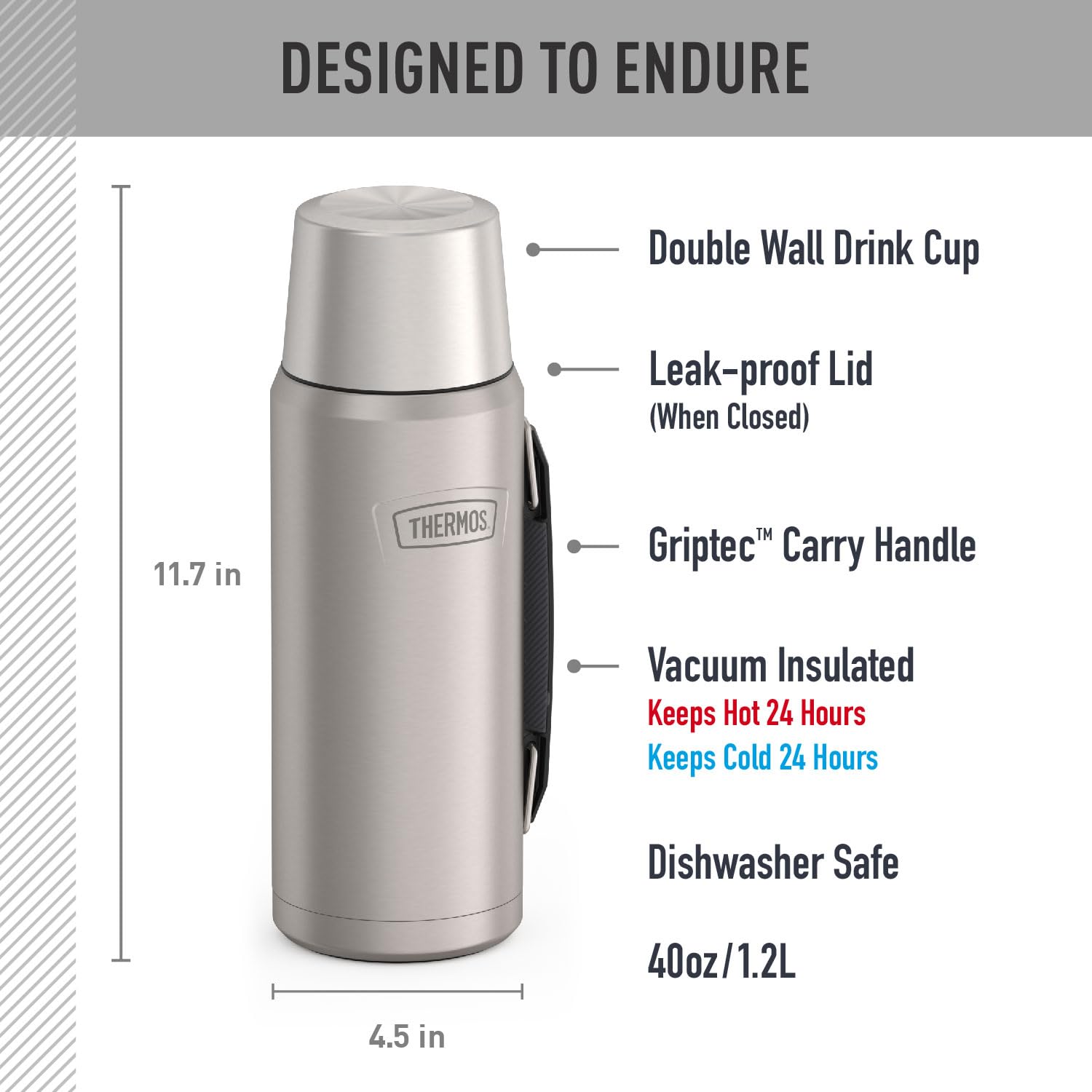 Thermos, ICON Series, Stainless Steel Beverage Bottle, Matte Stainless Steel, 40 oz