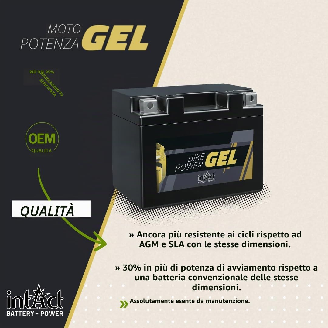intAct - BATTERIA MOTO GEL Bike-Power GEL12-12B-4. sostituisce YT12B, YT12B-BS. Batteria per moto 12V 10Ah 210A. Dimensioni: 150x69x130 mm. Con una potenza di avviamento superiore del 30%.