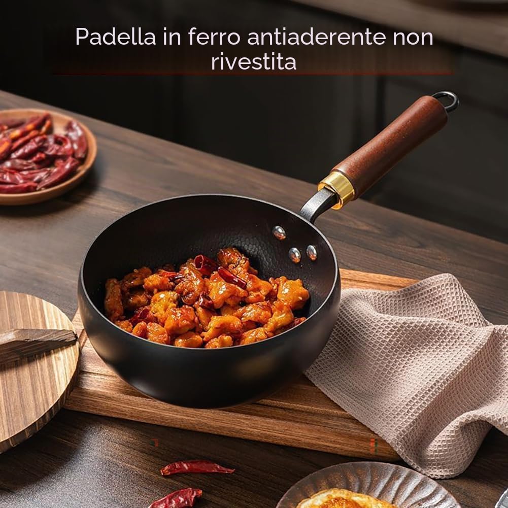 Generico Padella in ferro giapponese, Padella in ferro forgiato, 20/24/26/28/30 cm in ferros ad alta purezza, senza rivestimento con coperchios in legno/coperchio in vetro (Senza coperchio, 26CM)