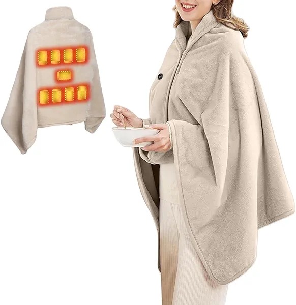 Tednrk Heated Blanket for Women Flannel Shawl Wrap Zip Up Fleece Sweater Cape USB Heated Blanket Portable Electric Blankets (Beige)