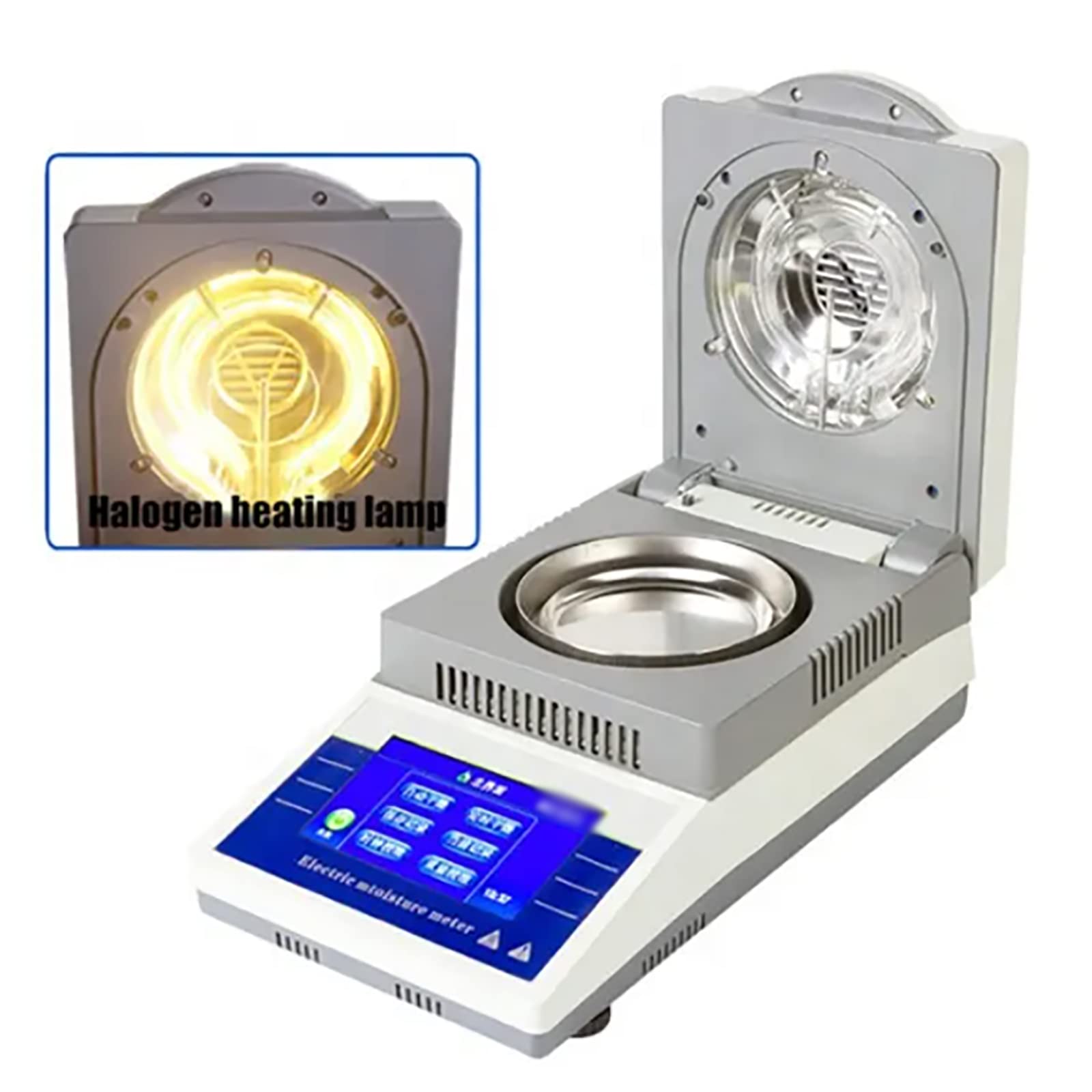 Analizador de humedad medidor de laboratorio con calefacción halógena, bandeja de muestra de aluminio, capacidad de 50 g, legibilidad de 0,005 g, control de 60-160 °C, dos modos de secado para