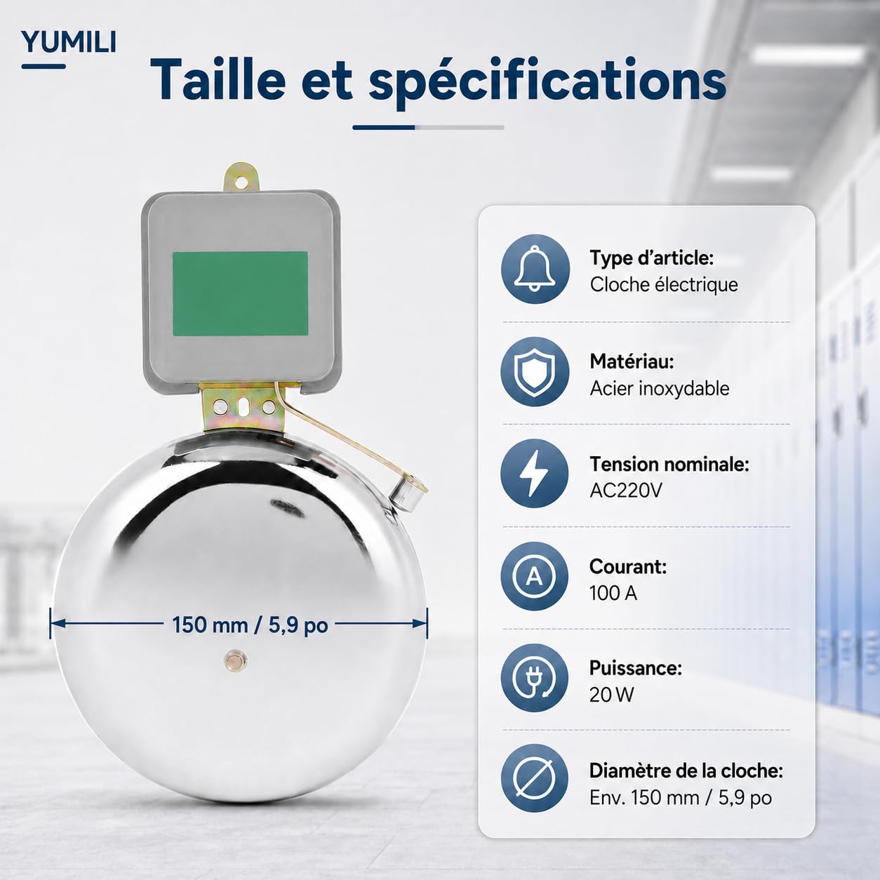Cloche Électrique, 150mm AC 220V Cloche d'École en Acier Inoxydable Externe, Sans Étincelles Sonnette pour Fixation Murale pour Cloche Service pour les Hôtels, les Écoles, Usine
