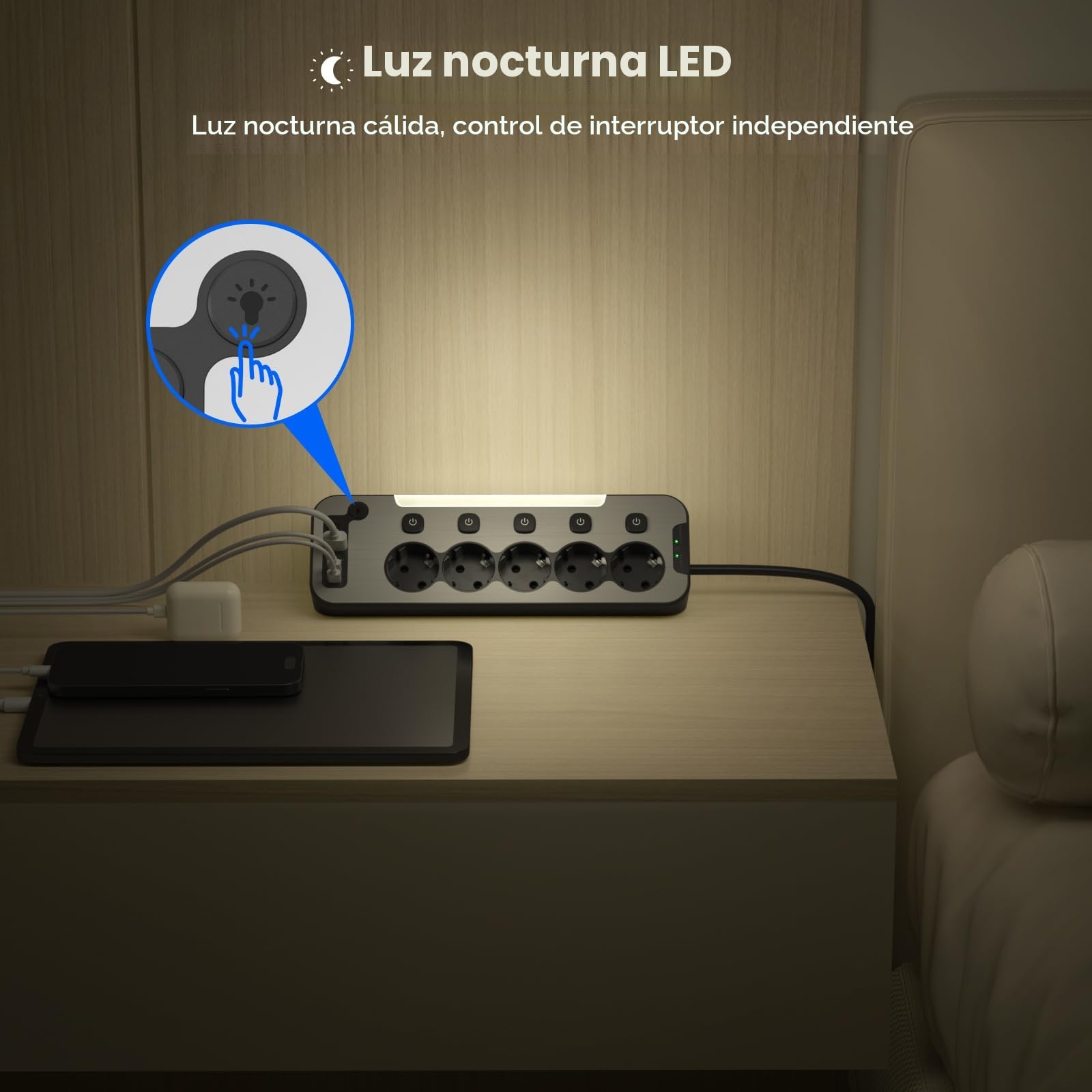 Regleta Enchufes Esquina con USB C,5 Tomas Enchufe Multiple Proteccion Sobretension,Ladron Interruptore Individuale,Regleta Escritorio Panel Frontal de Metal Encimera Cocina Alargador 2M Cable,Negro