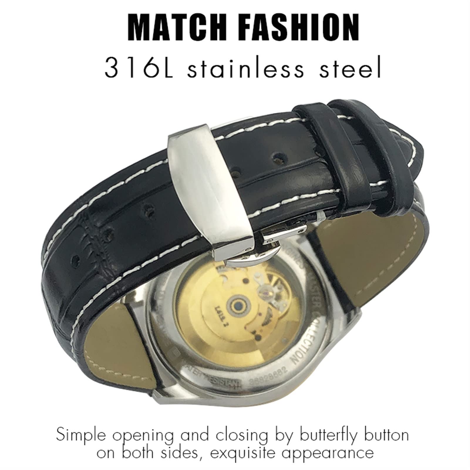 ONECM Bracelet de montre en cuir de vachette 20 mm 22 mm 19 mm 21 mm en acier inoxydable avec boucle papillon, 22mm, Agate
