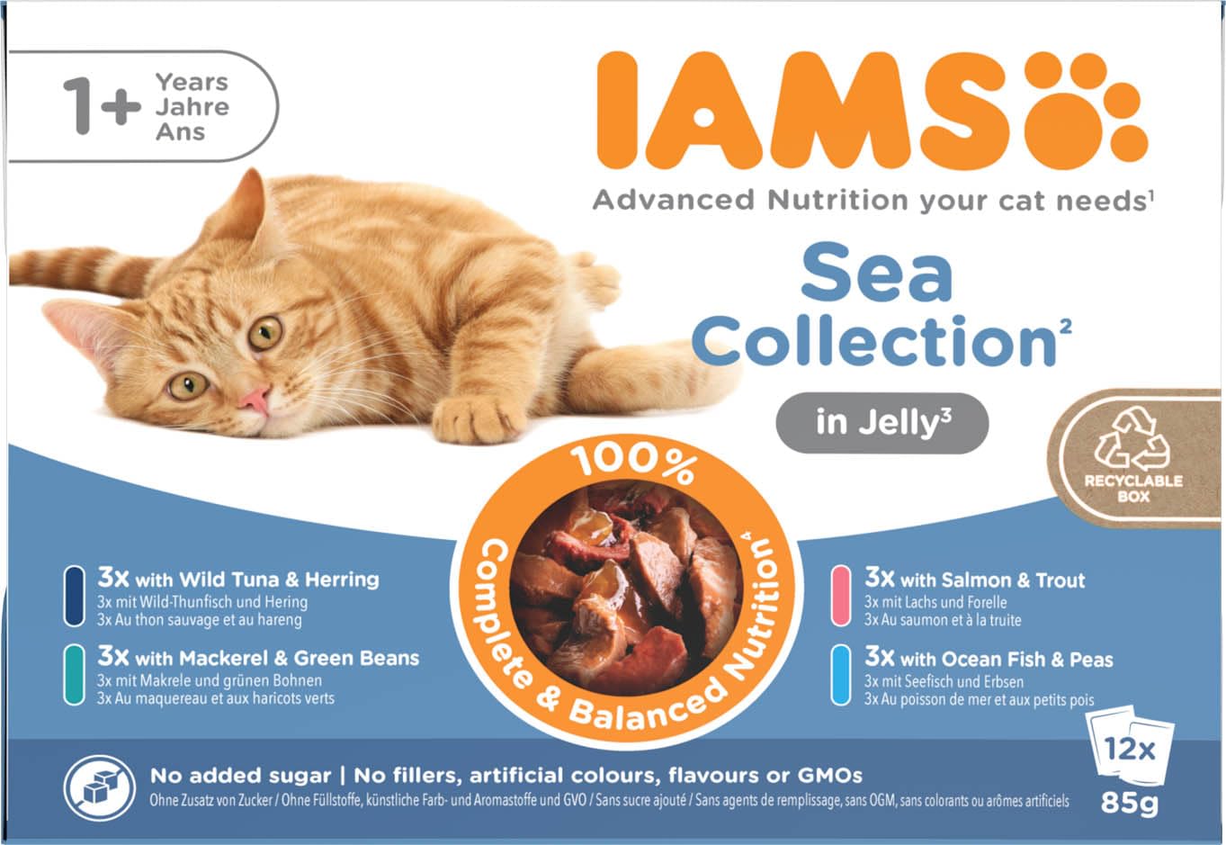 IAMS Delights Sea Collection Katzenfutter Nass - Multipack mit Fisch Sorten (Lachs, Thunfisch, Makrele, Seefisch) in Gelee, Nassfutter für Katzen ab 1 Jahr, 12 x 85g