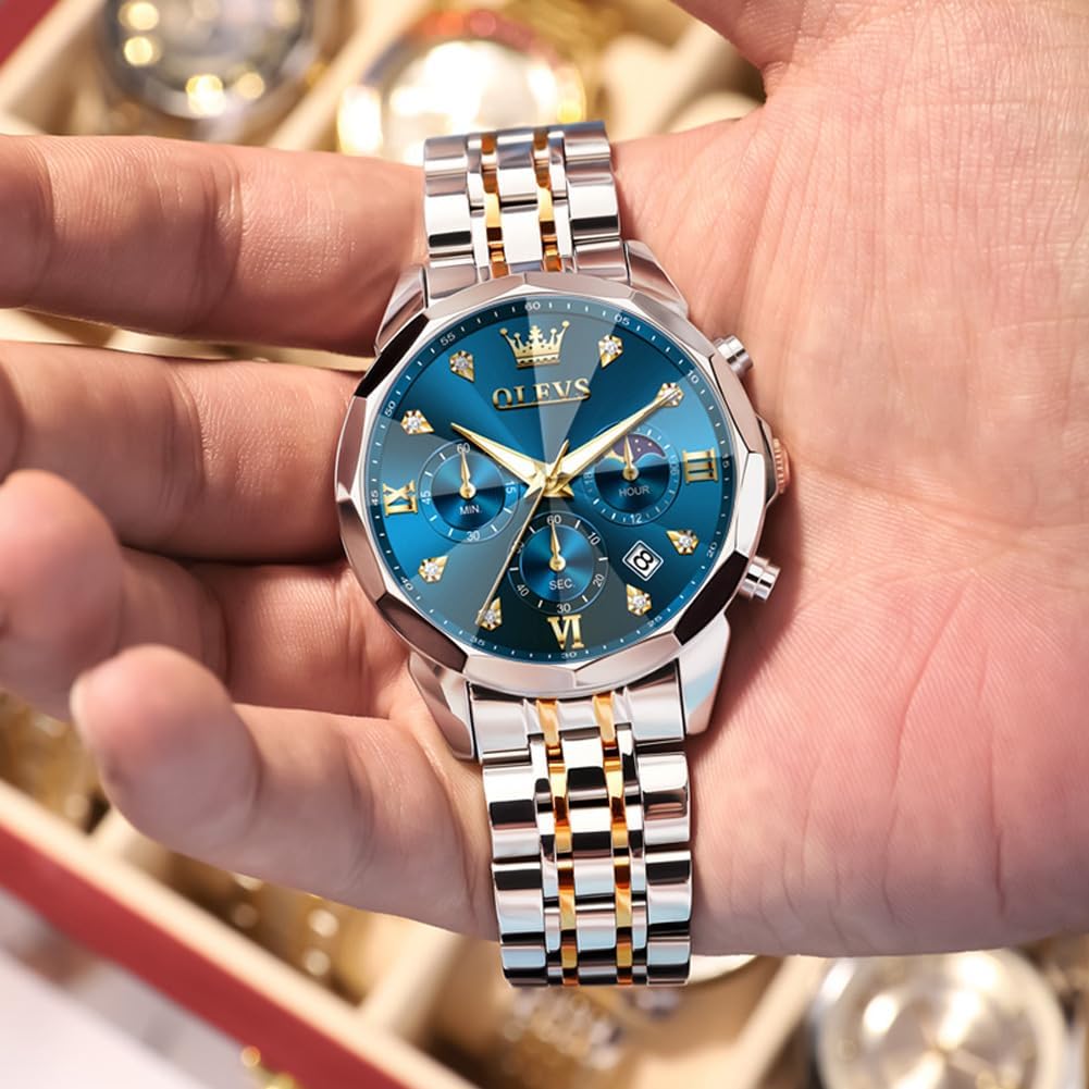 OLEVS Watches for Men Stainless Steel Dress Men Watch with Date Big Face Chronograph Waterproof Luxury Fashion Watch Blue/Black/Gold/Green/Silver Face Relojes para Hombres - Image 8