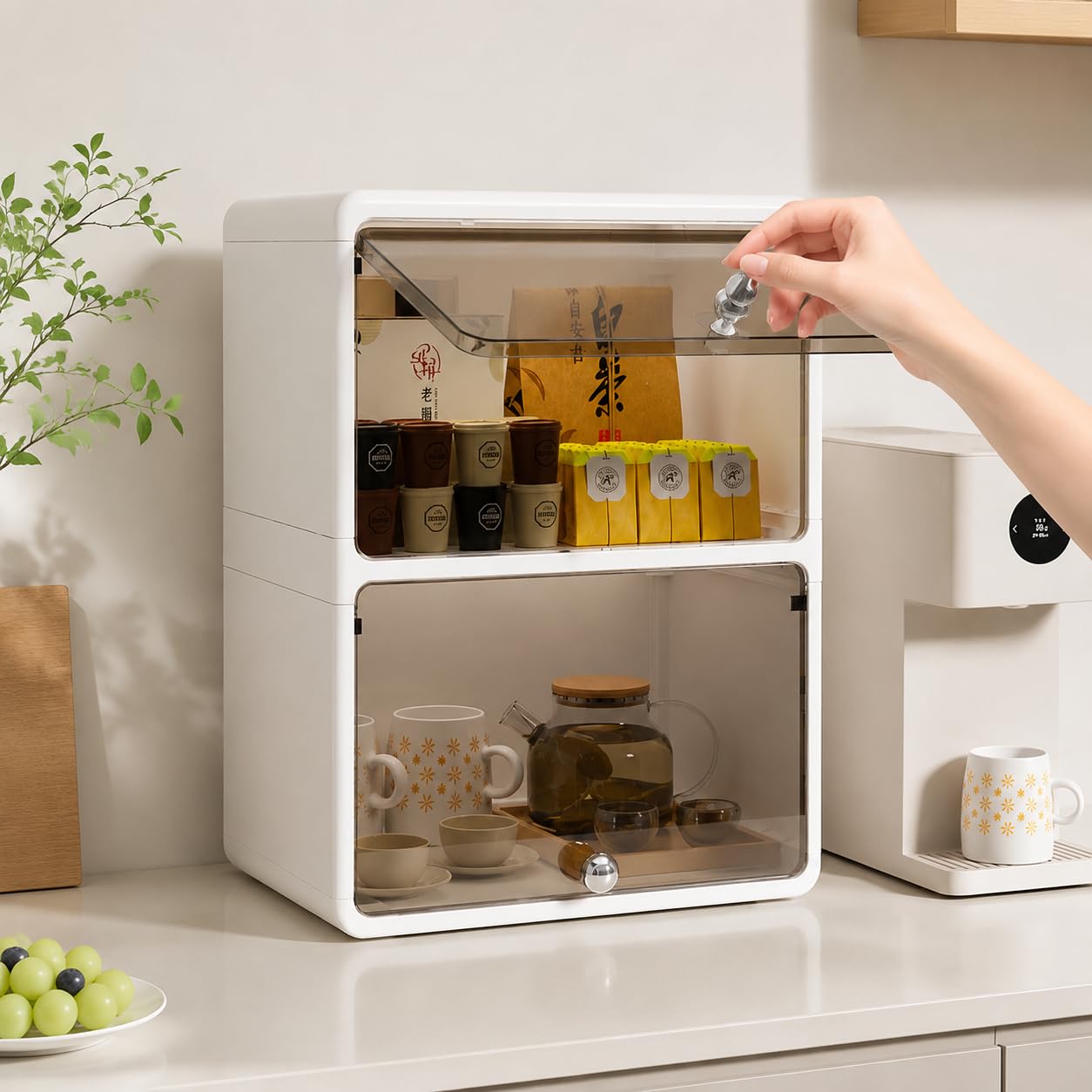 Dispenser Biceri Famiglie con Cassetti, Antipolvere per Tazze da Caffè e Tè, Grande Capacità, Bianco Trasparente