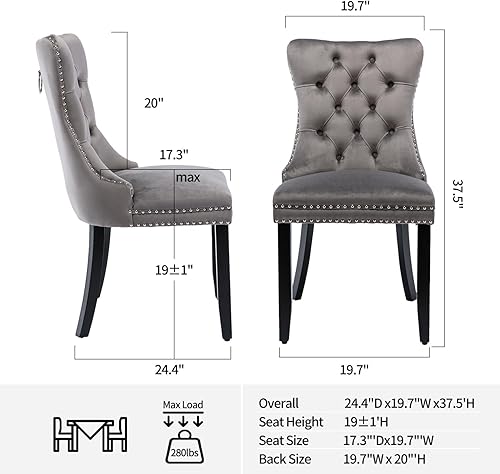 Miniatura 3 de Juego de 4 sillas de cocina modernas de terciopelo gris con anillo trasero, con patas de clavo, patas de madera maciza, tapizadas, sillas de mesa