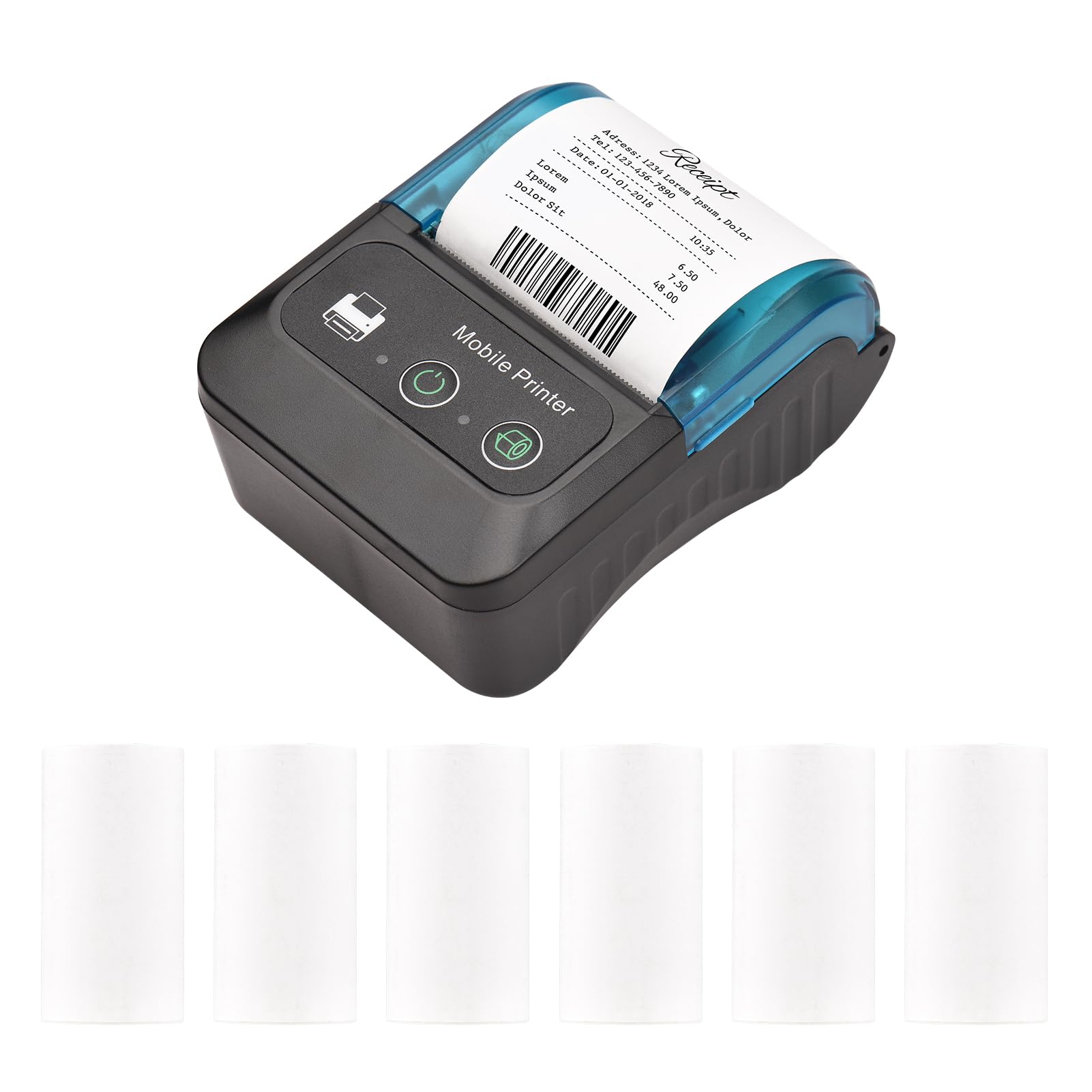 Stampante Termica Portatile 58mm 2 Pollici Mini Stampanti da Tasca mobili con 6 Rotoli di Carta Termica Connessione USB e BT Wireless Compatibile con //iOS per (Blu)