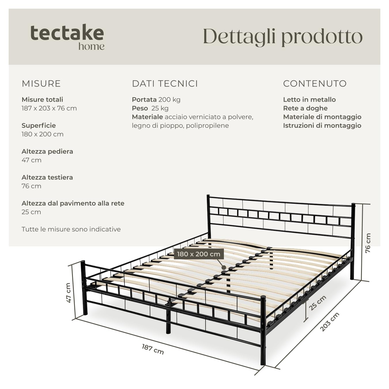 tectake® Struttura Letto in Metallo con Rete a Doghe in Legno di Pioppo Inclusa, Design Moderno, Struttura Robusta, Ideale per Arredamento Camera da Letto, 200x180 cm - Nero