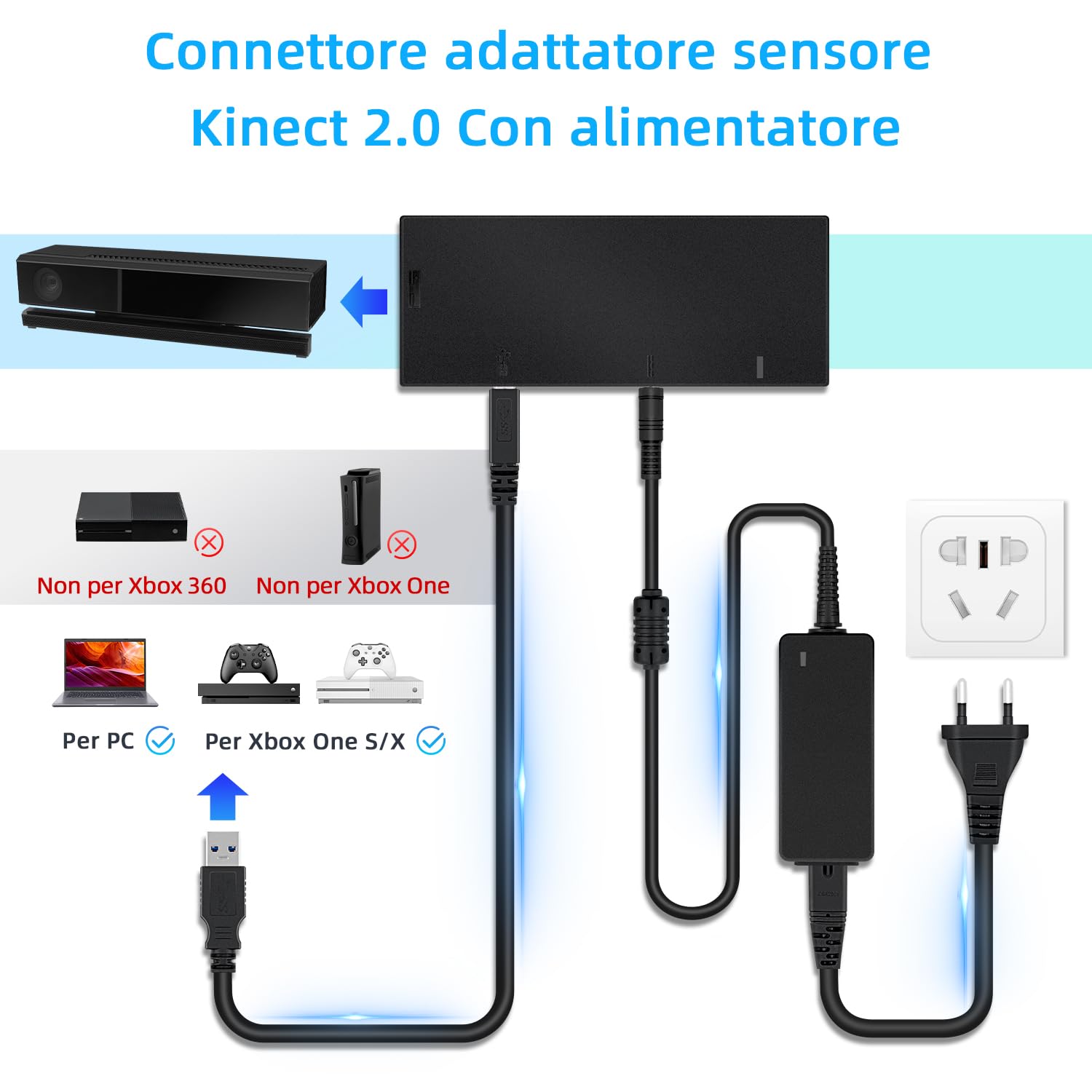 Mcbazel Xbox One Sensor Converter per Kinect 2.0 Adattatore sensore con alimentatore compatibile con X-box One Slim/X-box One X/PC - Spina UE