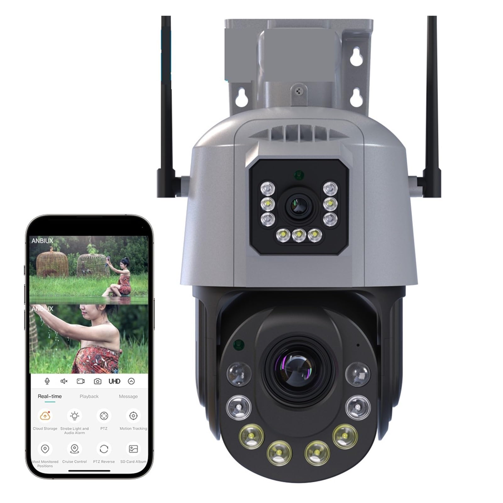 Caméra de sécurité, 8MP 4K caméra extérieure Double Objectif PTZ 36X Zoom Optique AI Humain détecter Surveillance Couleur Vision Nocturne IP sans Fil(8MP NO SD Card)