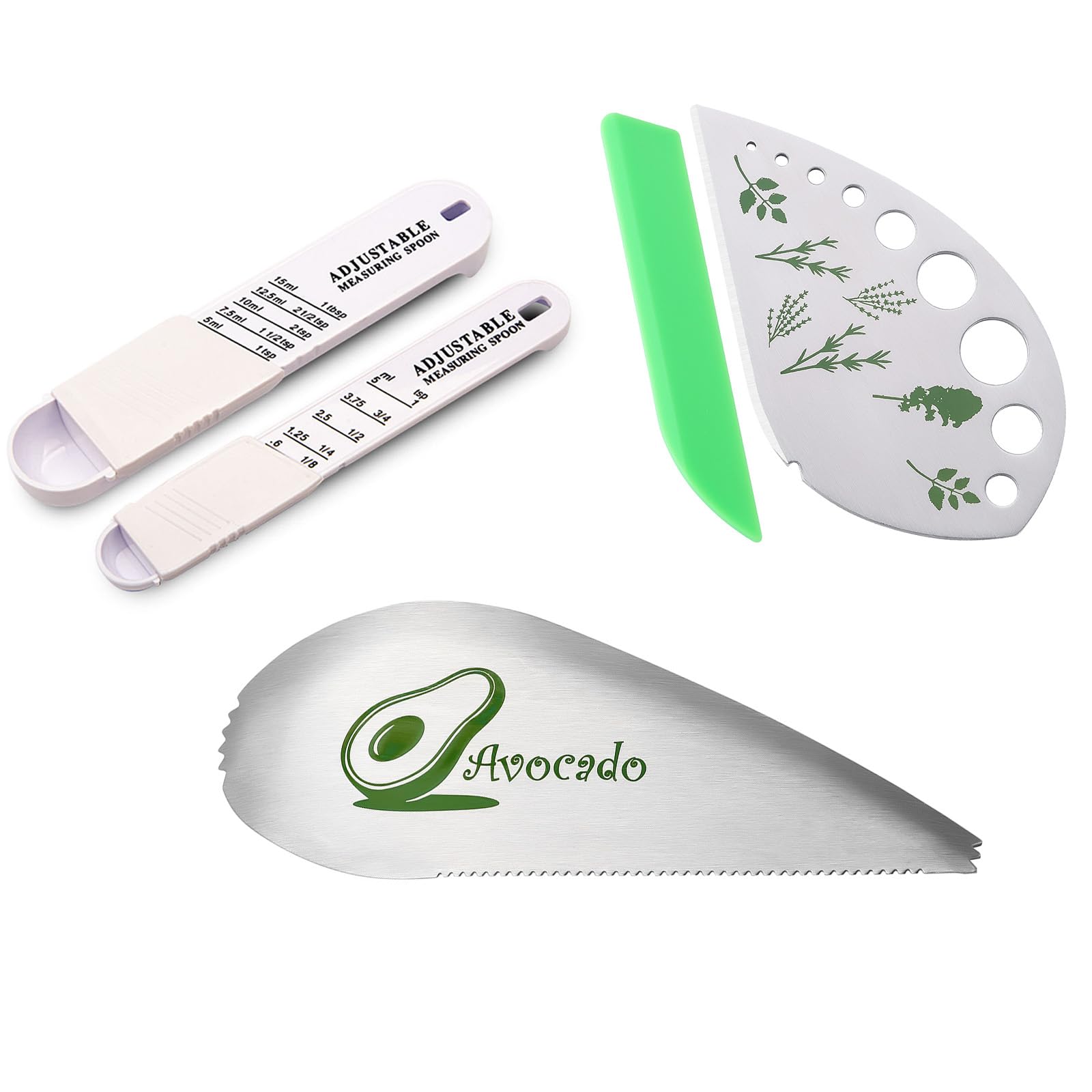 Avocado Branded Kitchen Accessories Set, Includes Adjustable Measuring Spoons, Herb Stripper, Green Knife