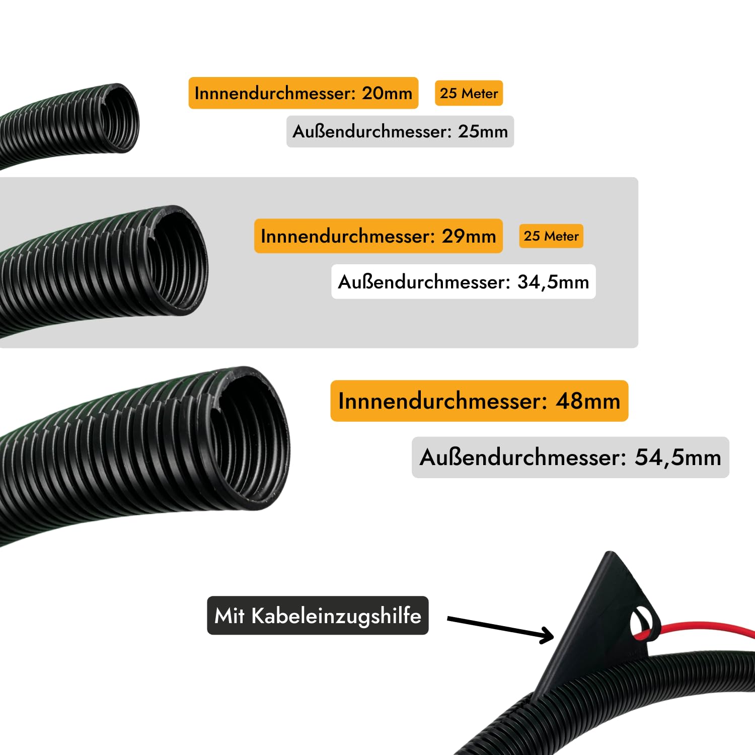 Wellrohr Geschlitzt | Leerrohr 25M | Isolierrohr Kabelschutz Wellschlauch Kabelschlauch Schutzrohr | Ø20, Ø29, Ø48 mm | UV-beständig Schwarz