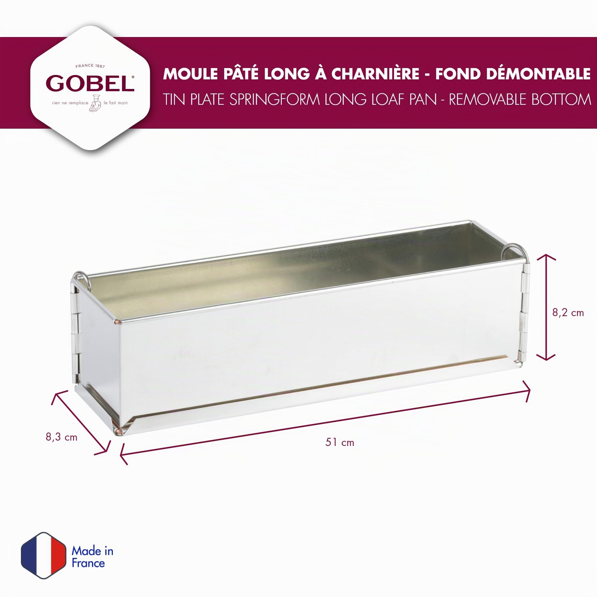Pâté long uni - fer blanc - à charnière - fond démontable - 500 x 80 x 80 mm