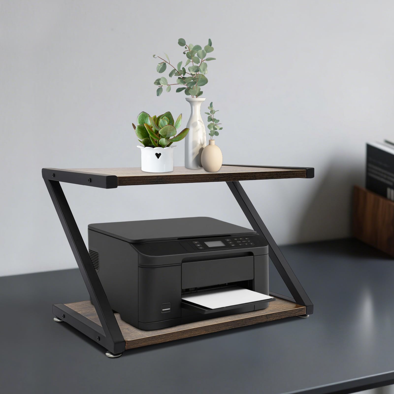 Supporto per stampante da scrivania a 2 livelli, supporto per stampante da scrivania, supporto in metallo a forma di Z, supporto multifunzione per stampante, fotocopiatrice, scanner, 44 x 28 x 29 cm