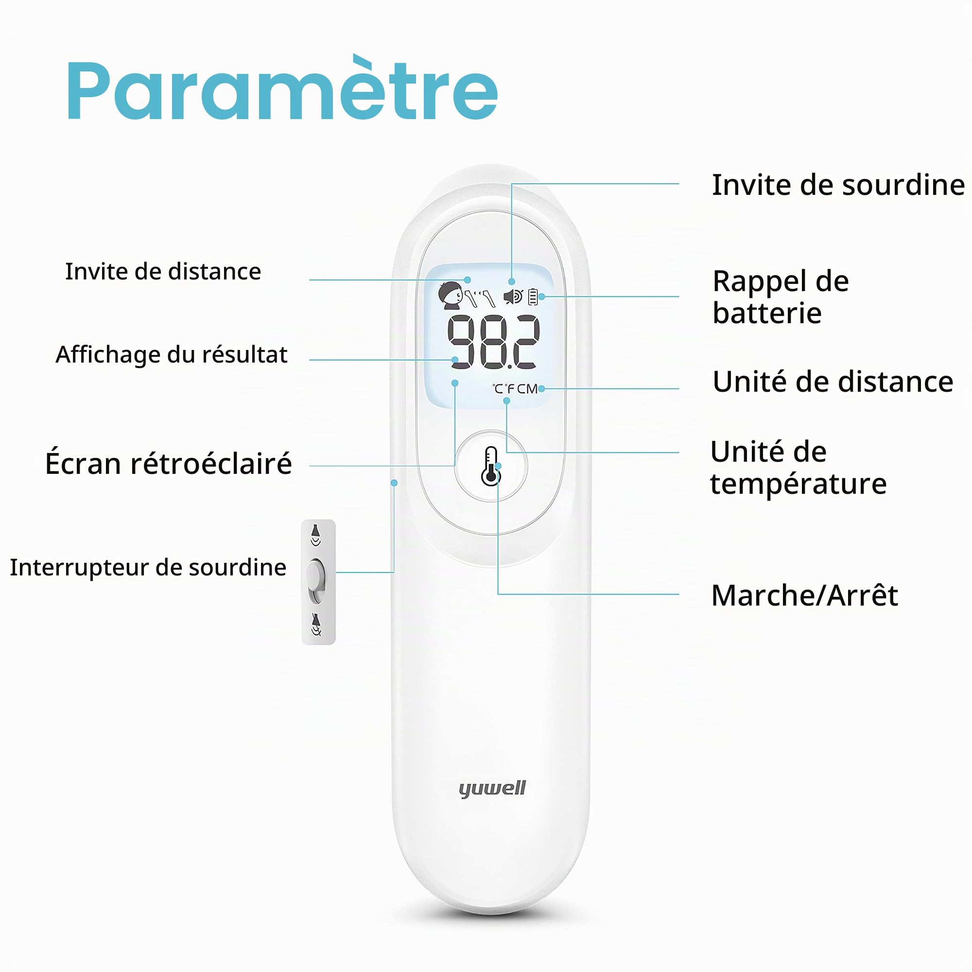 yuwell Thermomètre Frontal infrarouge Sans Contact pour Enfants Bébé et Adultes, Thermomètree Médical avec Lecture Instantanée Précise et Alarme de Fièvre, Boîtier de Rangement Inclus