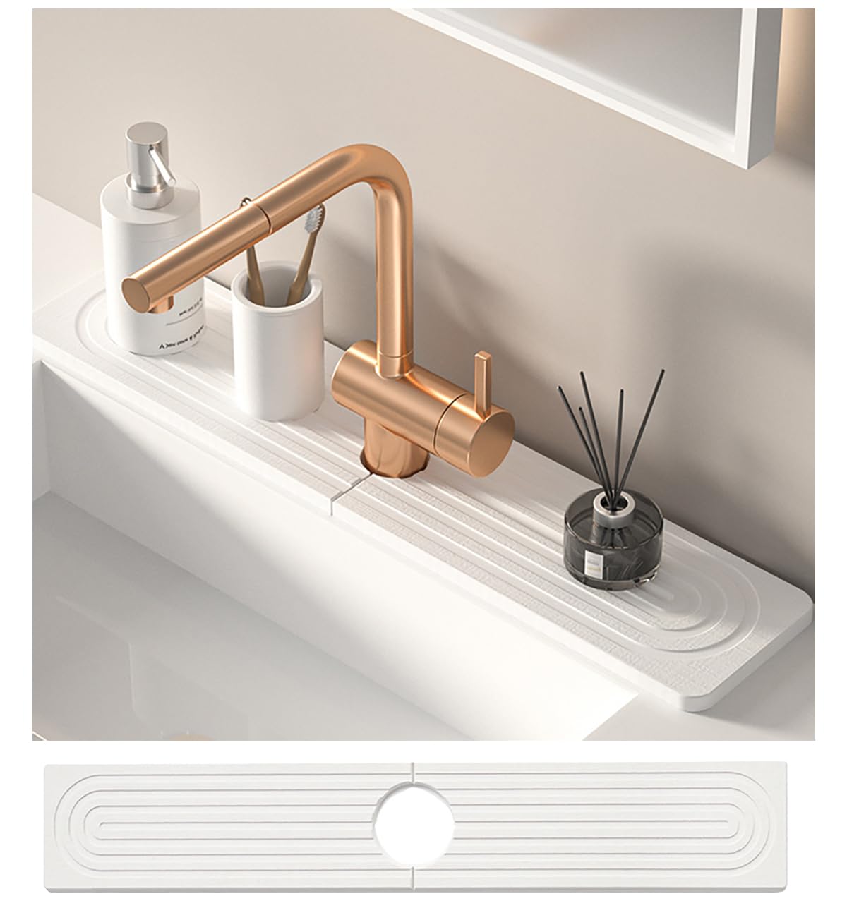 Kitchen Sink Faucet Mat Splash Guard Protector - 60cm Long Diatomite Fast Drying Absorbent Sink Tray, Includes Sandpaper and Silicone Anti-Slip Feet, Prevents Moisture (White)
