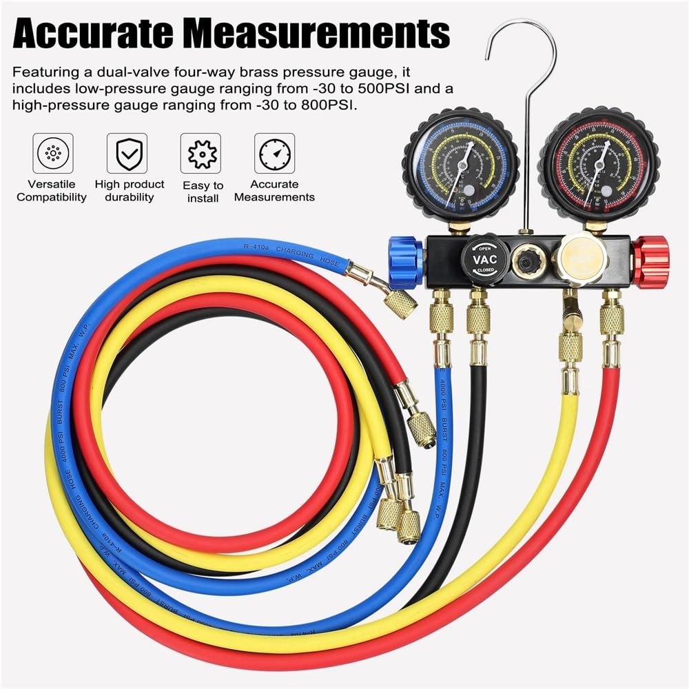 Set manometro for aria condizionata Strumento di ricarica del refrigerante a 4 vie Manometro a doppio valore adatto for refrigerante R22/R134a/R410a