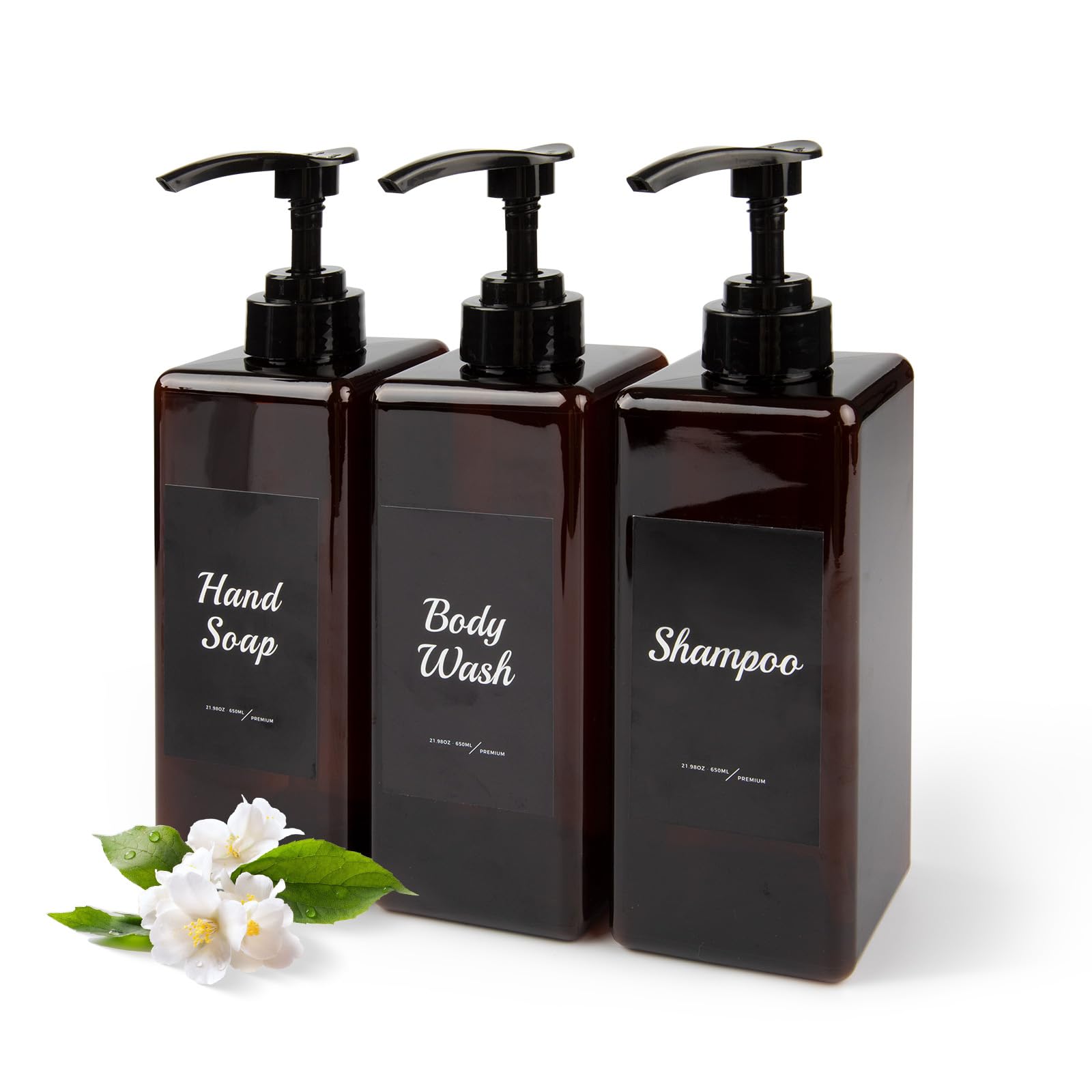 NellykeShampoo and Conditioner Dispenser Set of 3, 650ml/22oz Refillable Large Capacity Shampoo Bottles for Shower Soap Dispenser for Kitchen Bathroom with Pump Labels (Brown)