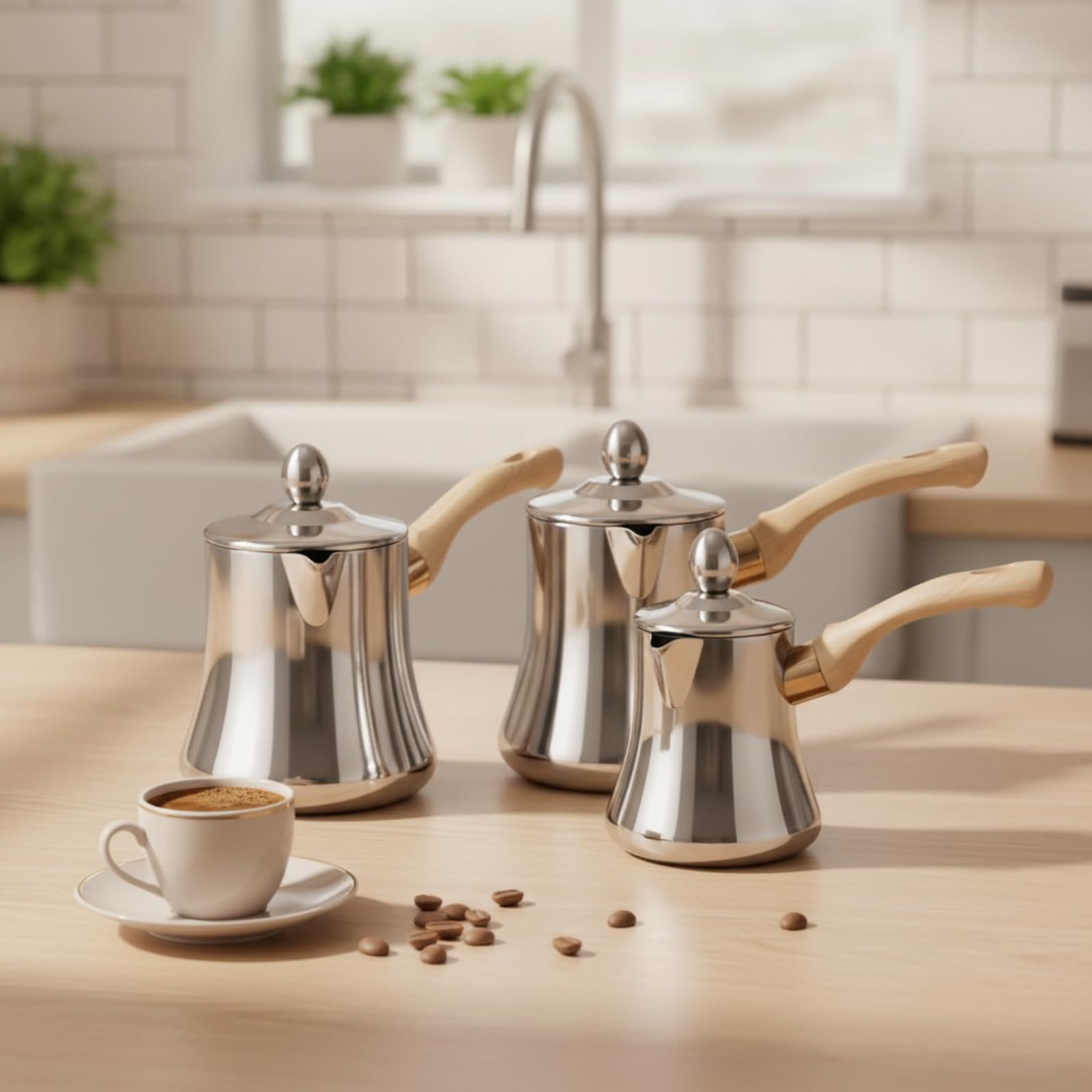 3 Stück Latte-Art-Kanne mit Holzmaserungsgriff glänzend poliert Kaffee-Milchbehälter mit Deckel lebensmittelecht Ausgießer Spout