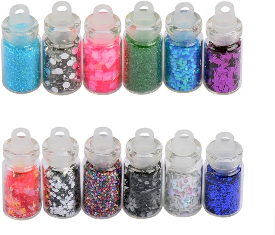 12 Small Bottles Beads Glitter Sequins Crystal 3D DIY Nail Art Decoration Kits