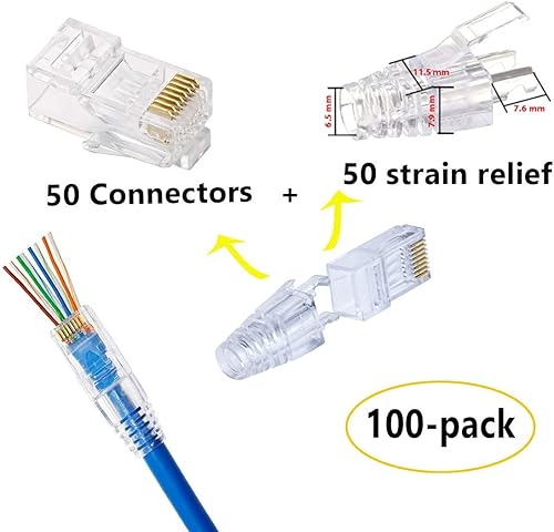 Miniatura 4 de PETECHTOOL Conectores de paso RJ45 CAT6 chapados en oro 8P8C enchufes y alivio de tensión (50xcat6plug+50xstrain Relief)