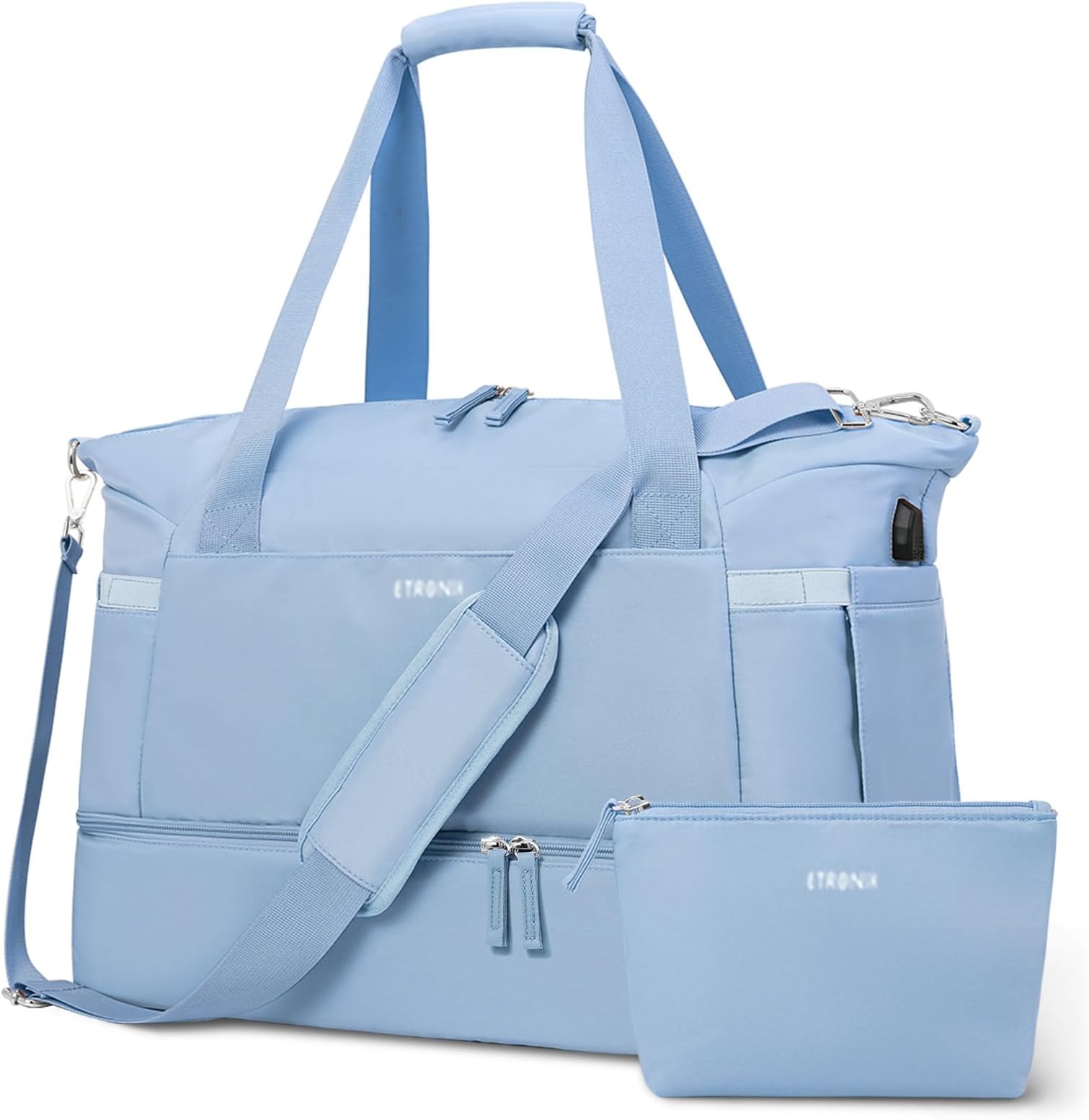 ETRONIK Gym Bag Womens, Sports Travel Duffel Bag with USB Charging Port, Weekender Overnight Bag for Women with Wet Pocket and Shoes Compartment, Hospital Bag, Blue