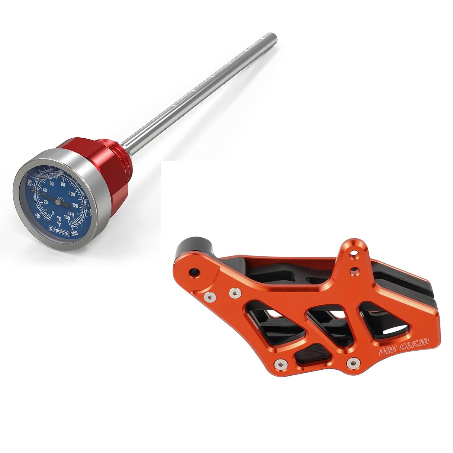 NICECNC Red Oil Level Gauge Dipstick Temperature + Motorcycle Chain Guide, See Fitment
