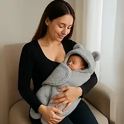 Saco de dormir Bebê com Capuz Casulo Cobertor Enroladinho Sweddle Conforto Estilo Ursinho Sherpa (Cinza, 0 a 3 Meses)