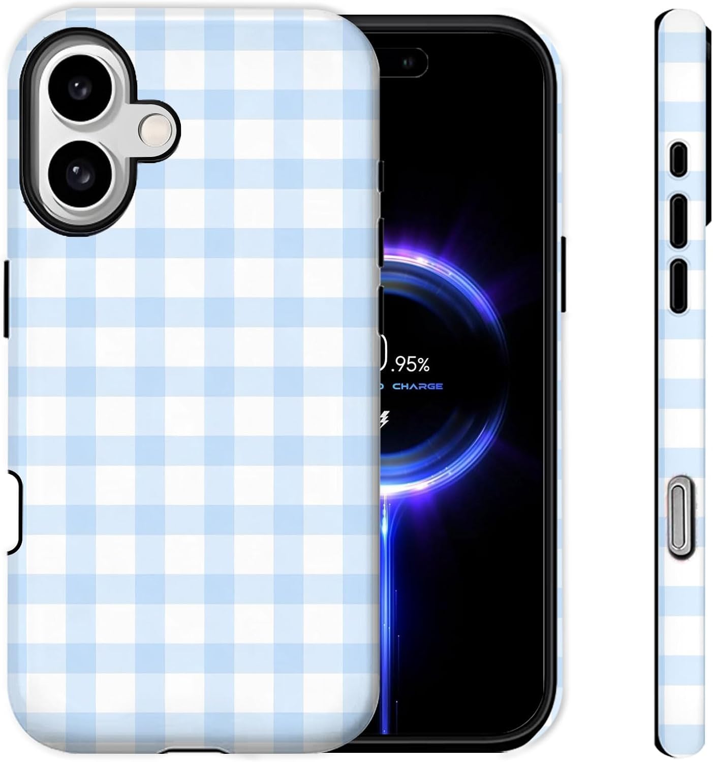 for iPhone 16 Case [Compatible with MagSafe] 2-Layer Hard Shell Glossy Rugge Shockproof Protection Phone Case, Blue Checkered Checkerboard