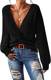 Womens Sweaters 2025 Casual Sexy V Neck Long Sleeve Pullover Sweaters Twsit Knot Knit Cropped Jumper Tops