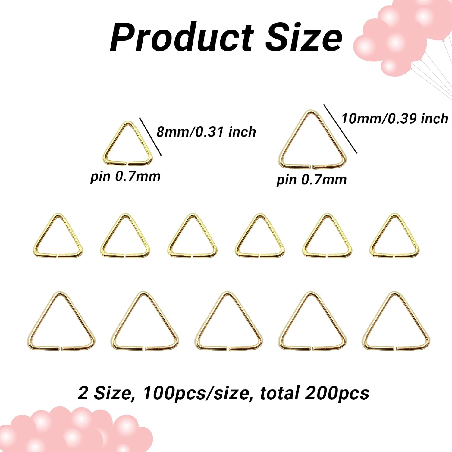 200Pcs 14K Gold Triangle Jump Rings 2 Size Open Connector Rings 8mm 10mm Jewelry Findings Bulk for Jewelry Making Accessory Necklace Bracelets DIY Craft