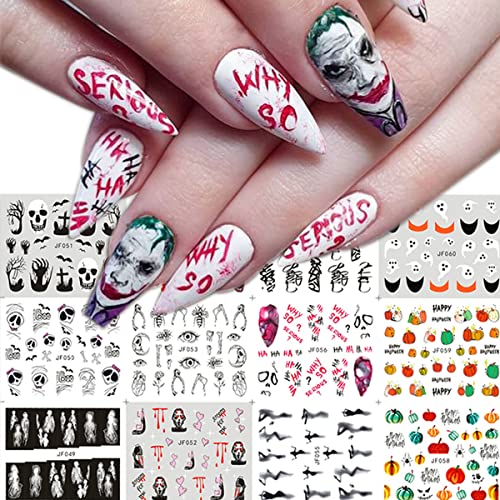 24 Sheets Halloween Nail Art Water Stickers Decal Horror Funny Foil Transfer Nail Decals Halloween Nail Art Stickers Skull Bone Ghost Nail Designs French Tips Manicure Holiday Halloween Decorations #TOP2