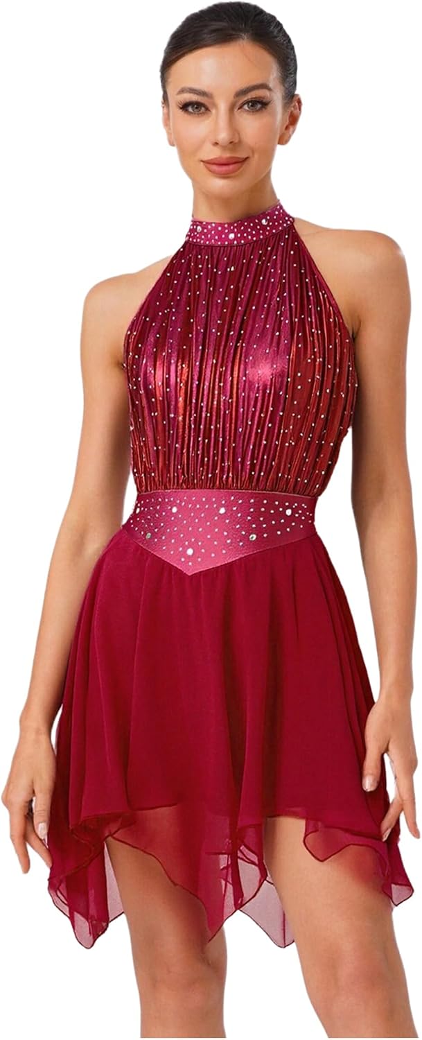 JEATHA Womens Modern Lyrical Dance Dress Ruched Rhinestone Metallic Mesh Irregular Leotard Ballerina Dancewear