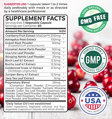 Kidney Cleanse (Non-Gmo & Vegetarian) Supports Bladder Control & Urinary Tract - Powerful Vitacran Cranberry Extract - Natural Herbs Supplement - Kidney Health, Flush & Detox - 60 Capsules (No Pills) #TOP5