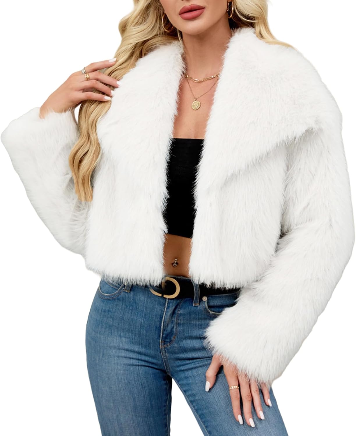 SCOFEEL Women’s Lapel Faux Fur Coat Fluffy Cropped Long Sleeve Open Front Winter Jacket Shaggy Outwear
