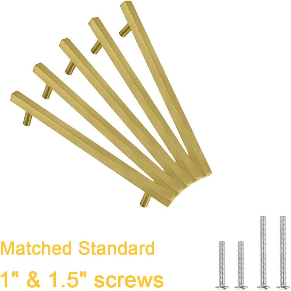 Gold Kitchen Cabinet Handles:Hole Center 3” Square Gold Furniture Pulls and Handles,Euro Style Bar Handle Pull Total Length 5inch Dresser Handles10Pack, Hole Center:3" (76mm)