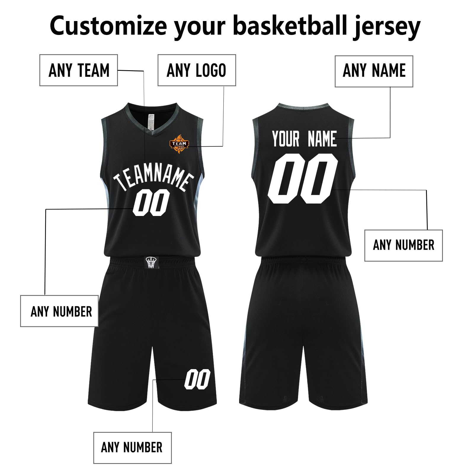 Customized Basketball Jerseys for Man Women Uniform Suit Kids Adults Personalized Jersey Uniform Sets (Black)