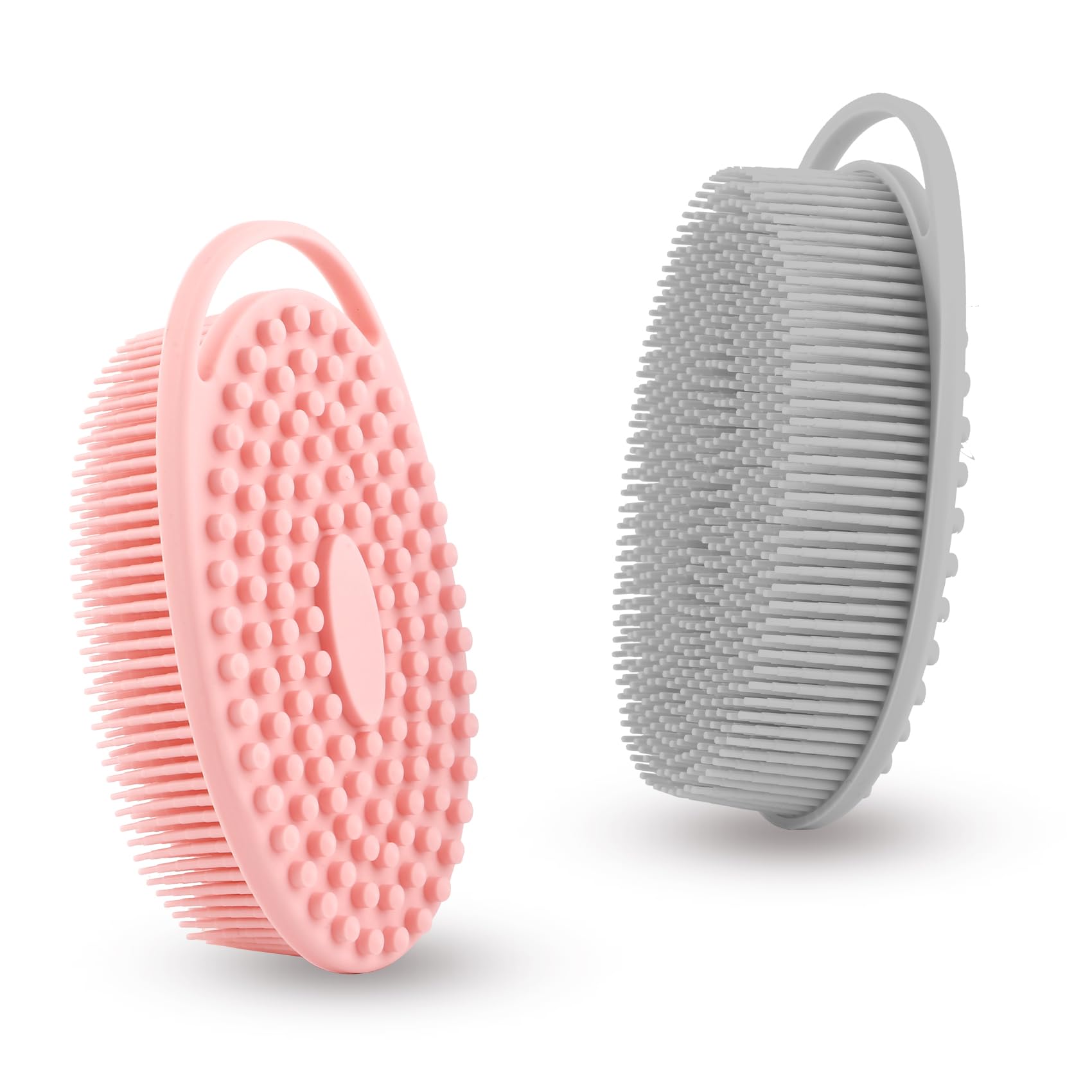 Silicone Body Scrubber, Exfoliating Silicone Loofah, Soft Silicone Body Shower, 2 in 1 Bath and Shampoo Brush, Body Scrubber Shower Cleaning for Sensitive Skin, Lather Well 2 PCS Grey and Pink