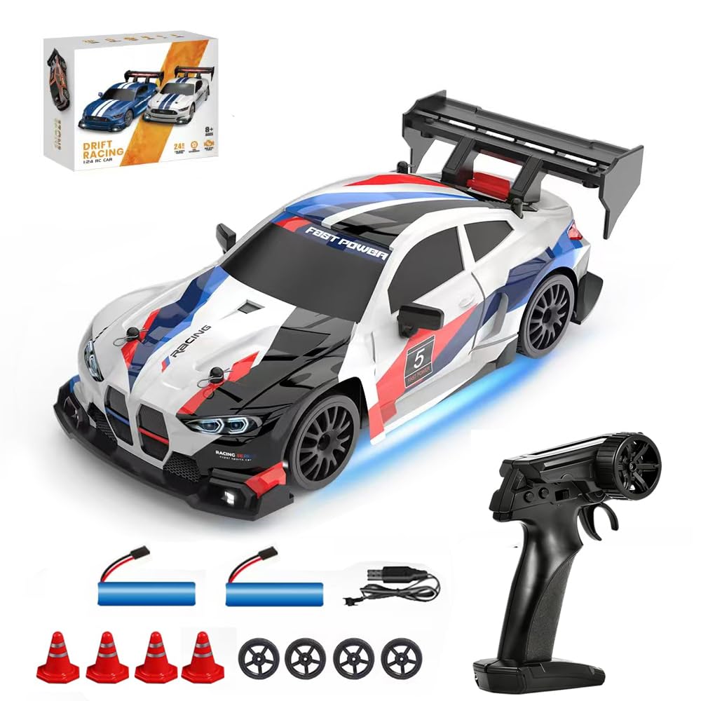 Drift Car 1:24 Auto da corsa telecomandata 20 km/h 4 WD 2,4 GHz Telecomando Mini RC Car con due batterie luci LED per bambini