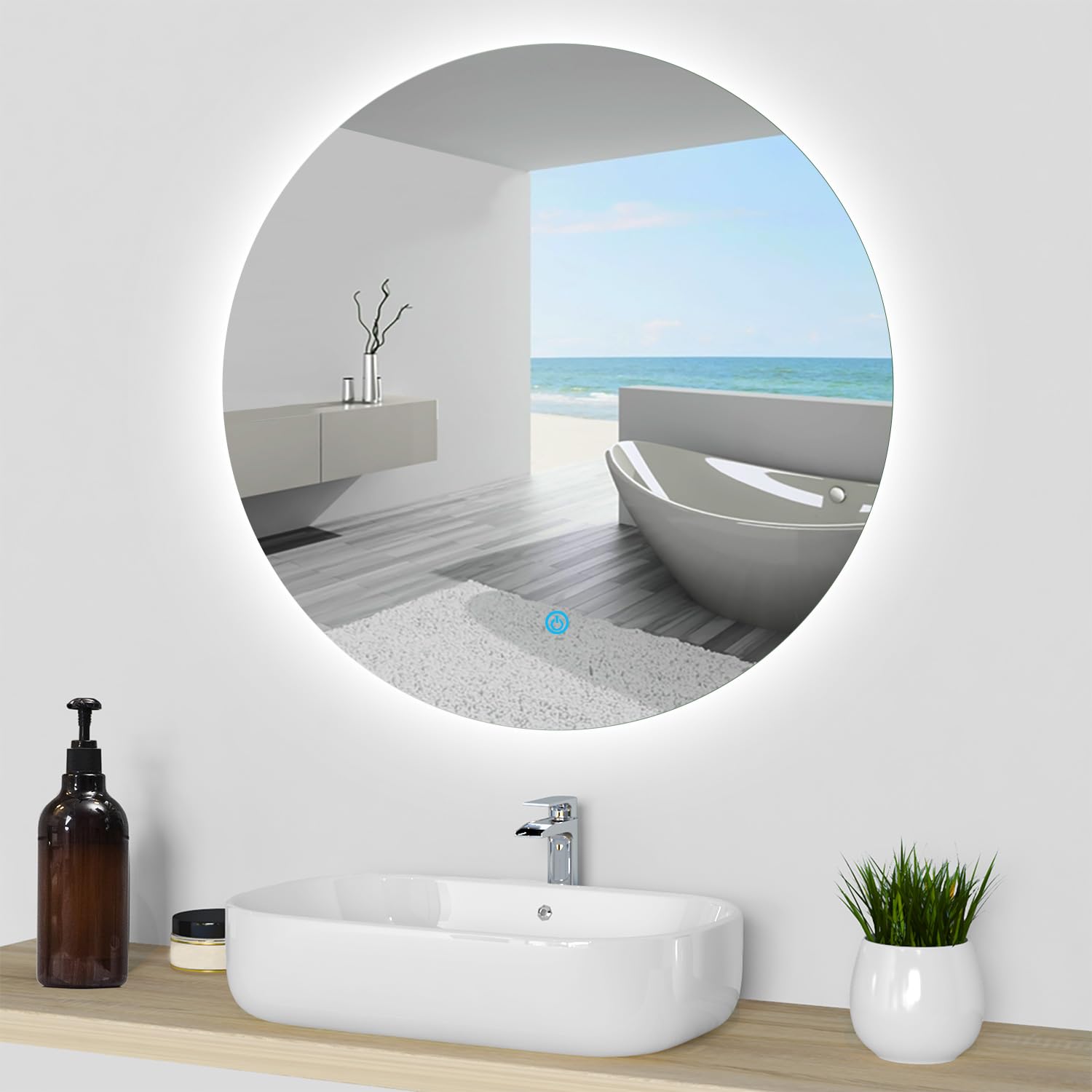HAPAOSO Espejo de baño LED 90 x 90cm, Antivaho, Luminosidad Regulable, Función Memoria