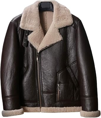 Denny&Dora New Shearling Coat Mens B3 Bomber Jacket Short Fur Coat Brown Motorcycle Jacket Sheepskin Coat