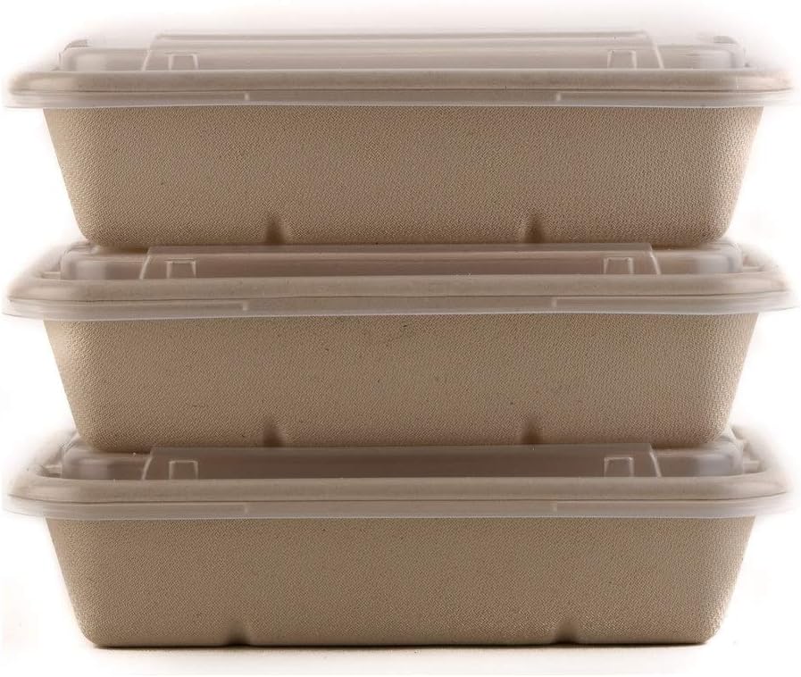 EcoQuality [50 Pack] 34oz Compostable Eco Friendly Container Trays with Lids - Rectangular Oblong Tree Free Sugarcane Bagasse Meal Prep Bento Boxes Take Out Catering Microwavable Deep Container