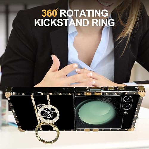 Miniatura 3 de B-wishy Funda para Samsung Galaxy Z Flip 5 con soporte de anillo con soporte, remache cuadrado para niñas y mujeres, cristal antigolpes, delgada, a